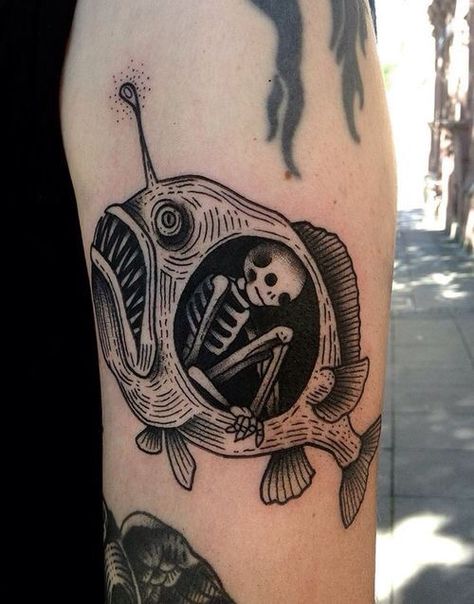 Angler fish tattoo Redwood Tattoo, Koi Tattoo Design, Skeleton Tattoos, Home Tattoo, A Skeleton, White Tattoo, School Tattoo, Skull Tattoos, Skin Art