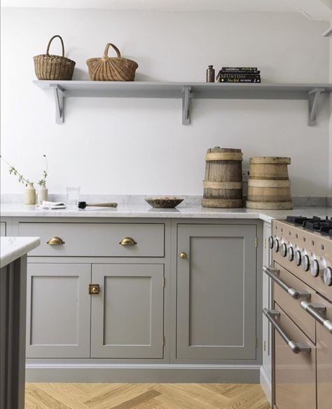 Similar color is "Edgecomb Gray" or "Charleston Gray" by Benjamin Moore or "Manor House Gray" by Farrow and Ball Grey Shaker Kitchen, British Kitchen, Remodel Diy, Devol Kitchens, Country Style Kitchen, Shaker Kitchen, Bespoke Kitchens, Trendy Kitchen, Kitchen Remodeling