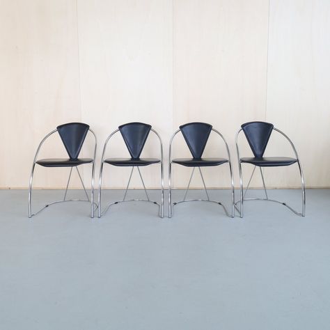 Listed on VNTG.com: Set of 4 Postmodern Dining Chairs, 1980s | #vntg #vintage Nyc Apt, Retro Dining Chairs, Wood Side Chair, School Chairs, Vintage Dining Chairs, Black Chair, Stacking Chairs, Mid Century Dining Chairs, Mid Century Dining