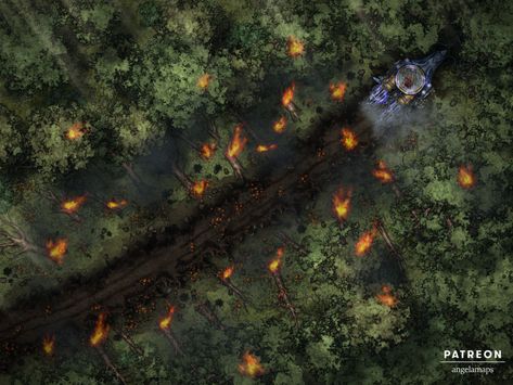 This battle map showcases a crash site, with four captivating variants:

Freshly crashed ship amidst burning forest (animated)
Recent aftermath, flames have subsided.
A year later, nature reclaiming the site.
A mysterious line of destruction, no ship in sight, perhaps a laser or magic? (animated) Forest Animated, Nature Reclaiming, Burning Forest, Forest Map, Battle Map, Dungeons And Dragons Art, Space Battles, Rpg Map, Dnd Art