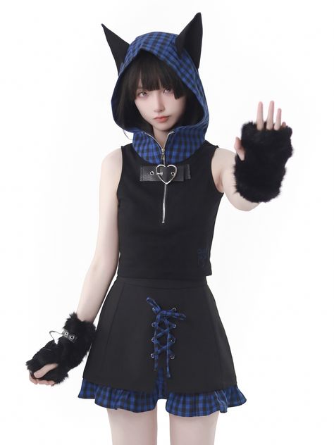 This adorable sleeveless top features a unique combination of dark blue plaid pattern and cat ears hood, adding a touch of playfulness to your outfit. The black color makes it versatile for various styling options, while the sleeveless design makes it perfect for layering or wearing on its own during warmer days.    	 		 			Size 			S 			M 			L 		 		 			Full Length 			40 			42 			44 		 		 			Shoulders 			32 			33 			34 		 		 			Bust 			78 			82 			86 		 		 			Sleeve Length 			66 			70 			74 Cat Ear Outfit, Dark Blue Outfits, Black Cat Outfit, Sleeveless Top Outfit, Dark Blue Plaid, Cat Outfit, Blue Plaid Pattern, Black And Blue Dress, Dress Design Sketches