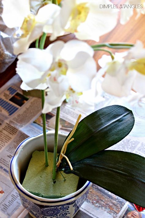 Artificial Orchid Arrangements Ideas, Orchid Centerpiece Diy, Silk Orchids Arrangements, Dimples And Tangles, Faux Orchid, Orchid Flower Arrangements, Orchid Leaves, Orchid Centerpieces, Silk Orchids