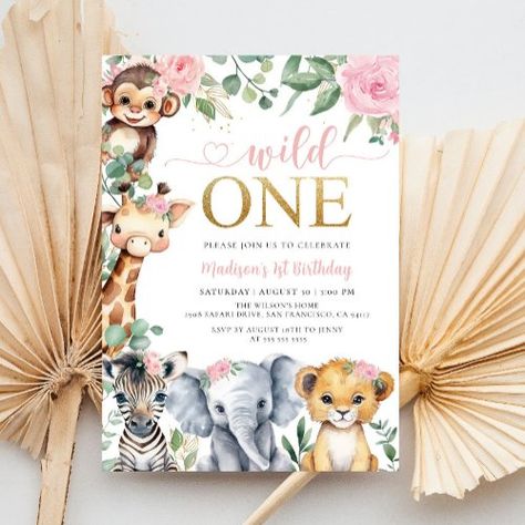 $2.09 | Jungle Safari Animals Blush Floral 1st Birthday - jungle, kids, safari birthday, wild one, safari invitation, greenery, girl, floral, girl 1st birthday, blush Girls Wild One Birthday Party, Wild 1 Birthday Party Girl, Wild One 1st Birthday Girl, Girl Wild One Birthday Party, Wild One Girls 1st Birthday, Safari Invitation, Floral 1st Birthday, Birthday Wild One, Jungle Invitations