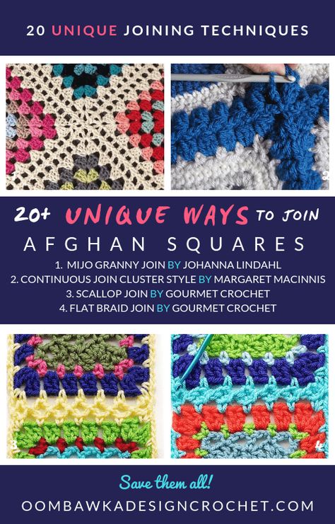 20 Unique Ways to Join Afghan Squares - Roundup by Oombawka Design Crochet Joining Crochet Squares, Joining Granny Squares, Motifs Granny Square, Afghan Squares, Crochet Squares Afghan, Crochet Blocks, Crochet Afghans, Crochet Square Patterns, Granny Squares Pattern