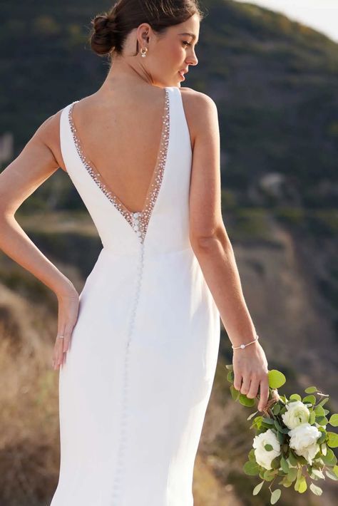 Minimalist Chic Column Sheath Wedding Dress with Plunging Neckline and Beaded Detail Column Dress Wedding, Column Sheath Wedding Dress, Dress With Plunging Neckline, Plain Wedding Dress, Sheath Wedding Gown, Chic Wedding Dresses, Crepe Wedding Dress, Sheath Wedding, Essense Of Australia