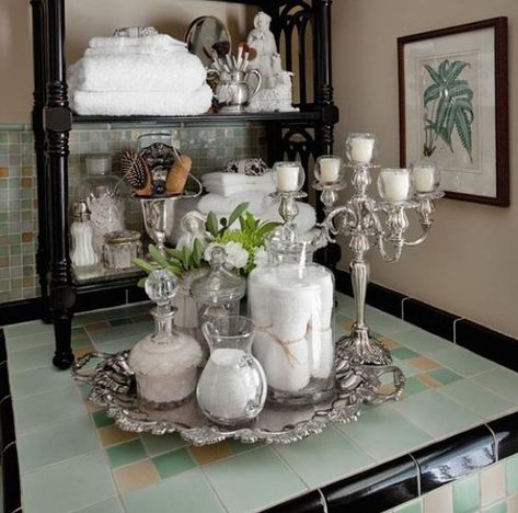 Sixpence Blue Moon: Decorating With Silver Trays Silver Trays Decor Ideas, Silver Tray Decor, Casa Country, Silver Trays, Silver Decor, French Decor, French Country Decorating, A Shelf, Beautiful Bathrooms