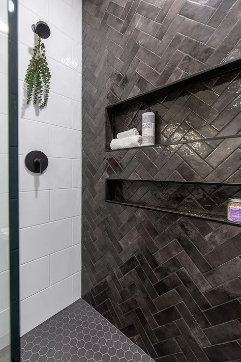 Jade Homes | Alexandrite Moody Bathroom Aesthetic, Master Shower Tile Ideas, Dark Tile Bathroom, Black Shower Tile, Master Shower Tile, Black Tile Bathrooms, Bathroom 2024, Masculine Bathroom, New House Bathroom