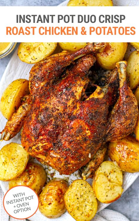 This meal of Instant Pot whole roast chicken with herbs and garlic butter and potatoes is made in the 8-quart Instant Pot Duo Crisp + Air Fryer model using the Pressure Cooking + Roasting functions. We provide instructions for using the regular Instant Pot model together with the oven finish. Instant Pot Roast Chicken, Roast Chicken And Potatoes, Pot Roast Chicken, Instant Pot Roast, Instant Pot Duo Crisp, Pressure Cooking Chicken, Garlic Roast, Roasted Chicken And Potatoes, Roasted Garlic Chicken