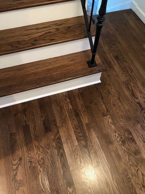 Duraseal Dark Walnut with Satin finish . Floors are select white oak and stair tread is Red Oak. Hardwood Floor Stain Colors, Oak Floor Stains, Floor Stain Colors, Wood Floor Stain Colors, Walnut Hardwood Flooring, Red Oak Hardwood Floors, Wood Floor Colors, Red Oak Floors, Red Oak Hardwood