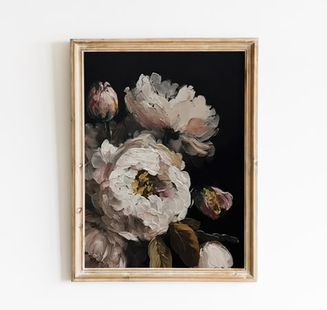 Vintage Flower Still Life Painting is a classic art piece that features a peony flower captured in a moody, dark setting. This antique art print can be downloaded as a digital file and printed as a wall art decoration. It is a printable wall art that can be easily accessed through a digital download. Moody Floral Wall Art, Moody Flower Painting, Moody Floral Painting, Moody Painting Ideas, Moody Floral Bedroom, Dark Flower Painting, Dark Floral Painting, Moody Paintings, Dark Setting