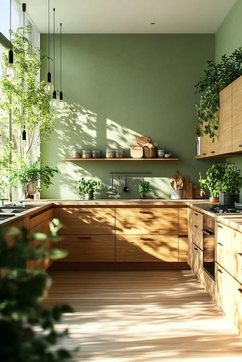 Green Tea Harmony Kitchen Green Wall Kitchen Ideas Paint, Kitchen Interior Green And Wood, Green Accent Wall Kitchen, Green And Natural Wood Kitchen, Kitchen Designs Minimalist, Minimalist Green Kitchen, Green Kitchen With Wood, Wood And Green Kitchen, Green Wall Kitchen