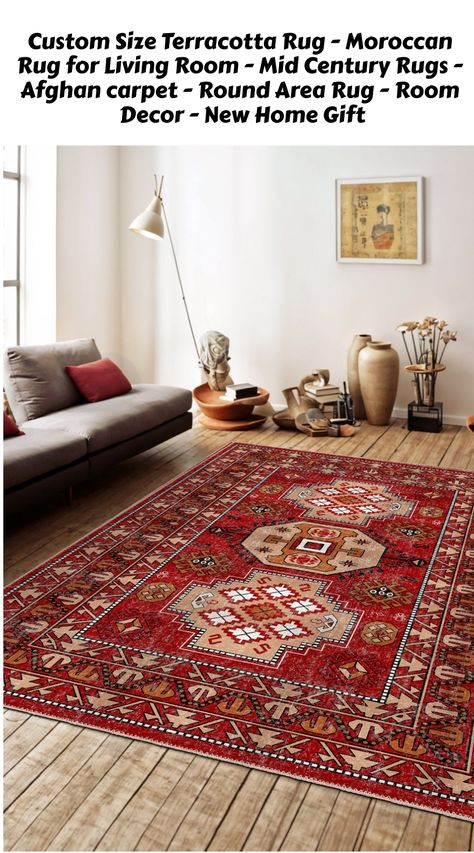 Warm up your living space with our Custom Size Terracotta Rug, a stunning addition that blends classic and contemporary styles. This oriental rug, rooted in Turkish craftsmanship, features rich terracotta hues that evoke a sense of warmth and welcome, perfect for any living room. Its round shape and mid-century design elements make it a versatile piece for various decor styles, from traditional to modern. Not only does it enhance the aesthetic of a room, but it also serves as a comfortable, invi Mid Century Rugs, Terracotta Rug, Afghan Carpet, Mid Century Rug, Mid Century Living Room, Rug For Living Room, Round Area Rugs, Turkish Rugs, Mid Century Design