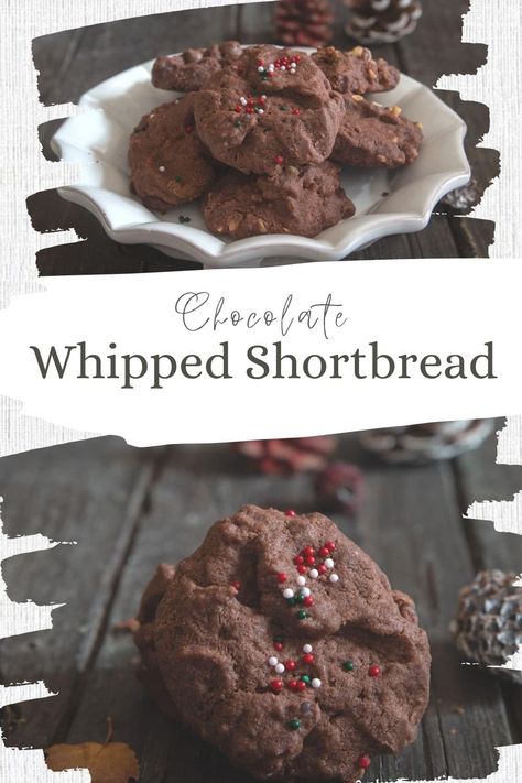 These easy to make Chocolate Whipped Shortbread are a very tender crumbly melt in your mouth cookie. Add some chocolate chips or chopped nuts to make them even more decadent. Or add a few sprinkles to bring in the holiday spirit. A must have on your Christmas Cookie Tray. Chocolate Shortbread Cookies Christmas, Jewish Baking, Chocolate Shortbread Cookies Recipes, Christmas Cookie Tray, Italian Baking, Whipped Shortbread, Shortbread Cookies Christmas, Drop Cookie Recipes, Xmas Baking