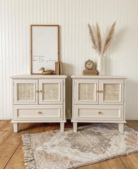 Ideas For Refurbishing Furniture, Dresser And Side Table Set, Restless And Refurbished, Side Tables Refurbished, Boho Nightstand Flip, Side Table Refurbish Ideas, Side Table Refinishing Ideas, Side Table Makeover Diy, Nightstand Flip Bohemian