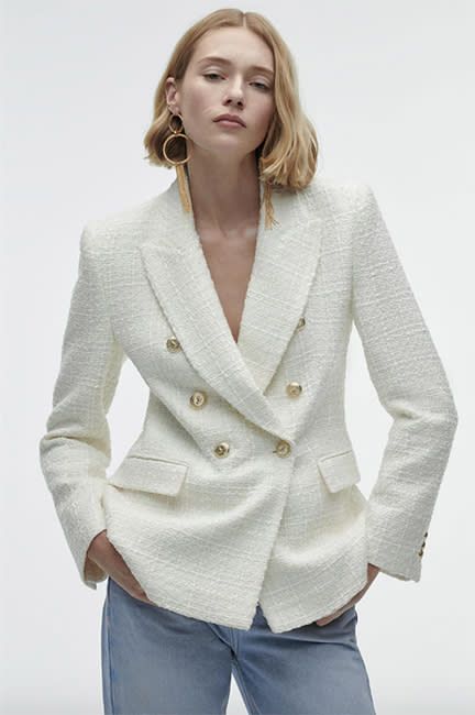 7 Kate Middleton-worthy white bouclé blazers to shop this season | HELLO! White Tweed Blazer Outfit, Tweed Blazer Outfit, Zara Tweed Blazer, White Blazer Outfits, Blue Tweed Jacket, 6 Princess, White Tweed Jacket, Zara Shop, Zara Tweed