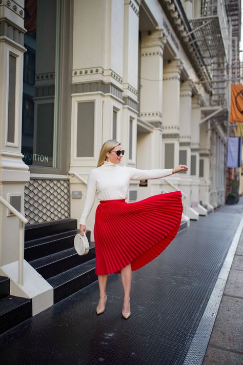 Outfits With Red Skirts Winter, Red Flowy Skirt Outfit, Red Skirt Work Outfit, Pleated Red Skirt Outfit, Silk Red Skirt Outfit, Red Pleated Skirt Outfit Winter, Red Skirt Winter Outfit, Red And White Skirt Outfit, Red Midi Pleated Skirt