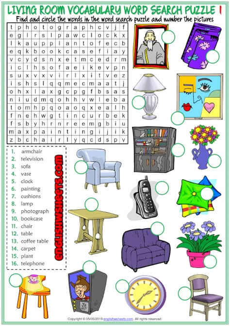 Living Room Objects ESL Word Search Puzzle Worksheets Living Room Worksheet, Living Room Objects, Vocabulary Games For Kids, Room Objects, Word Search Puzzles Printables, Language Games, Exercises For Kids, Missing Letters, Esl Teaching Resources