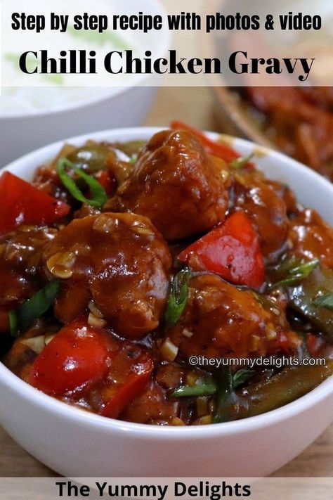 Close-up of chilli chicken gravy in a white bowl. Chilli Chicken Gravy Recipe, Chicken Appetizers Easy, Chicken With Gravy, Continental Cuisine, Chicken Appetizer, Chicken Appetizer Recipes, Chilli Chicken Recipe, Chicken Gravy Recipe, Pan Chicken Recipes