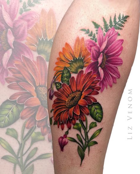 beautiful vintage botanical inspired gerber daisy tattoo by Liz Venom . . . . . Flower flowers floral berbers fern tattoos ink inked idea best floral vintage art artist edmonton canada new york london melbourne australia arts design designs perfection beauty spray amazing realistic realism liz venom bombshell bombshell tattoo calgary alberta edinburgh Gerber Daisy Tattoo Color, Redo Tattoo, Gerber Daisy Tattoo, Gerbera Daisy Tattoo, Daisy Tattoo Meaning, Daisy Tattoo Designs, Daisy Flower Tattoos, Fern Tattoo, Gerber Daisy