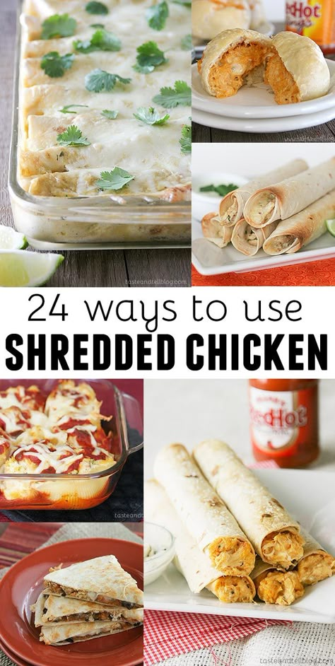 24 ways to use shredded chicken - a great timesaver for busy nights! You can make chicken ahead of time and freeze it, or you can use rotisserie chicken. Use Shredded Chicken, Use Rotisserie Chicken, Pulled Chicken Recipes, Taste And Tell, Diy Easy Recipes, Best New Recipes, Shredded Chicken Recipes, Chicken Entrees, Rotisserie Chicken Recipes