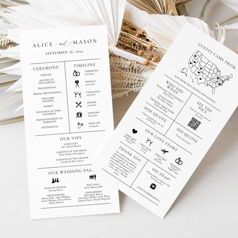 "DIGITAL FILE - This is a DIY editable file using Templett. PRINTED - If you would prefer me to do all the work and then PRINT + SHIP, please see this listing: - https://www.etsy.com/au/listing/1190720007 This template is a fun wedding program that can include all your details and link your guests to your website or social media.  ► The template includes an example QR Code in the layout (QR Code creation instructions are included with purchase - creating your own QR Code is free and very easy!). The idea is to insert your own QR Code and then link your guests from their smartphone straight to your website or anywhere else online! ► 48 icons are included as well as 6 maps. Access your template within minutes of purchase and edit in TEMPLETT. Wording, font, and font color can all be edited, Fun Wedding Programs, Program Wedding, Wedding Infographic, Order Of Events, Wedding Schedule, Wedding Itinerary, Wedding Ceremony Programs, Future Mrs, Ceremony Programs