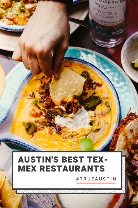 Austin is home to many global cuisines, but Tex-Mex takes the crown as the local favorite. This blend of Mexican and Texas-style comfort food can be found on just about any street, often in family-run restaurants that have operated for years. Here are just some of the many Tex-Mex restaurants worth visiting in Austin. Image shows tortilla chip dipping in to a loaded queso. Blog post suggests numerous other Tex-Mex and ATX-Mex locations throughout town. Austin Texas Food, Pork Burritos, Guacamole Salad, Best Mexican Restaurants, Crispy Beef, Visit Austin, Green Chile Chicken, Crispy Tacos, Austin Food