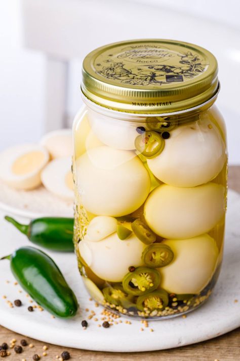 Spicy Jalapeno Pickled Eggs - Nurtured Homes Spicy Pickled Eggs Recipe, Easy Pickled Eggs, Jalapeno Pickled, Spicy Pickled Eggs, Eggs Pickled, Freezing Veggies, Pickled Quail Eggs, Pickled Eggs Recipe, Pickled Jalapeno Peppers