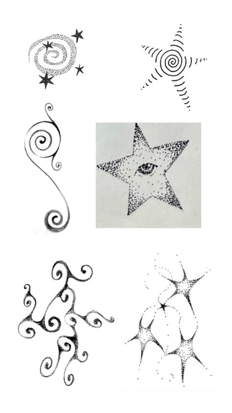 Trajva Tattoo Design, Star With Spiral, Tattoo Ideas To Fill In Space, Stick N Poke Designs, Fine Ink Tattoo, Aesthetic Wrist Tattoos, Small Handpoke Tattoos, Sweet Dreams Tattoo, Space Border Design