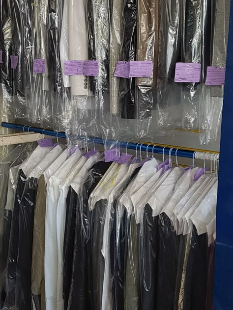 Dry Cleaners Aesthetic, Dry Cleaners Shop Design, Dry Cleaners Interior Design, Dry Cleaning Clothes, Laundry Aesthetic, Diy Lavanderia, Dry Cleaning Business, Diy Clothes Storage, Laundry Business