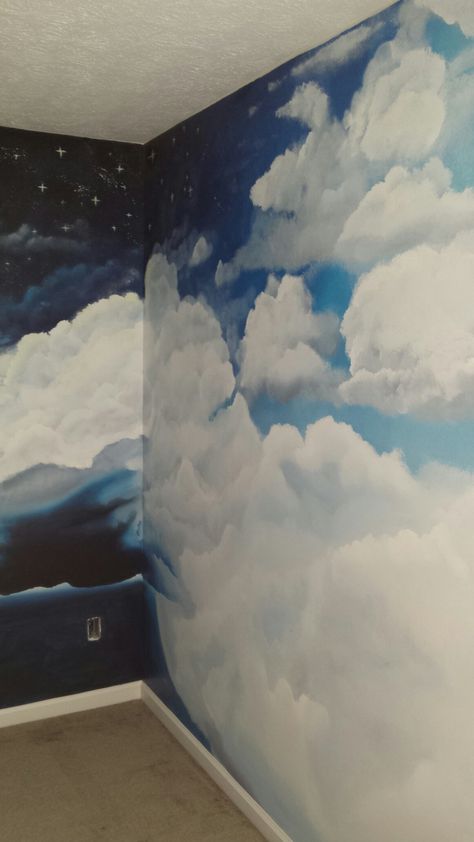 Clouds Painting On Wall, Clouds Painted On Wall, Cloud Wall Painting Bedrooms, Bedroom Murals Painted, Wallpaintings Ideas Bedroom, Cloud Painted Ceiling, Cloud Wall Painting, Space Wall Painting, Mural Clouds