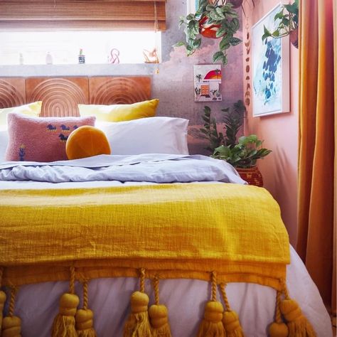 The Candy Colored Home + Mod Desert Sunset Boho Feels Desert Bedroom, Mustard Bedroom, Peach Rooms, Peach Bedroom, Yellow Bedroom, Pretty Bedroom, Redecorate Bedroom, Pink Bedroom, Teen Room