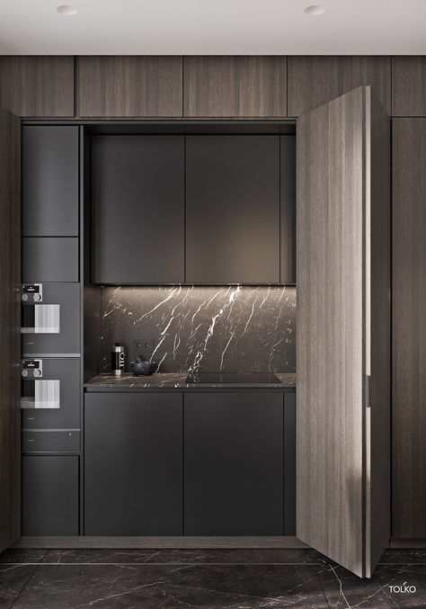 Apartemen Studio, Wood Kitchens, Elegant Kitchen Design, Kitchens Design, Hidden Kitchen, Dark Kitchen, Elegant Kitchens, Kitchen Room Design, Trendy Kitchen