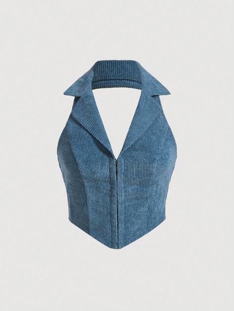 Solid Hook And Eye Halter Top Blue Casual   Woven Fabric Plain Halter Non-Stretch  Women Clothing, size features are:Bust: ,Length: ,Sleeve Length: Denim Halter Top, Denim Diy Clothes, Top Azul, Corset Outfit, Long Kurti Designs, Fashion Top Outfits, Denim Corset, Top Halter, Teenage Fashion Outfits