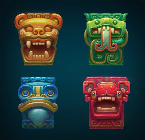 Aztec Illustration Art, Mayan Aztec Art, Aztec Game Art, Aztec Carvings, Aztec Totem, Aztec Artifacts, Aztec Mask, Aztec Culture, Low Poly Games