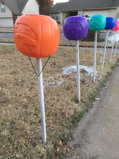 How To Decorate Holiday Yards - Halloween Ghosts and Christmas Lollipops | Hometalk Backyard Sandbox, Easy Backyard Diy, Pumpkin Pail, Christmas Lollipops, Backyard Playhouse, Plastic Pumpkins, Book Diy, Raised Garden Beds Diy, Easy Backyard