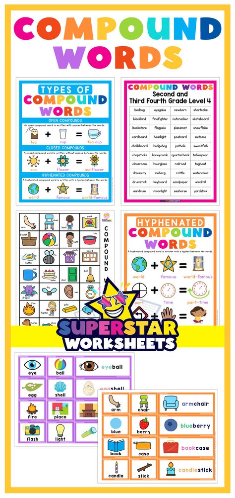 Our compound word resources include lists, anchor charts, flashcards, passages, and more! Teaching compound words to your preschool and elementary students has never been this easy (or fun)! Open Compound Words, Compound Words Anchor Chart, Compound Words Worksheets, Homeschool Board, Student Notebooks, Compound Words, Homeschool Classroom, Homeschool Printables, Reading Words