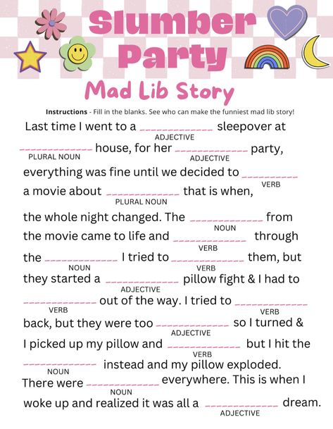 Funny Mad Libs, Fun Sleepover Activities, Sleepover Stuff, 14th Birthday Party Ideas, Fun Sleepover Games, Sleepover Party Games, 16 Candles, Slumber Party Games, Wolf Lodge