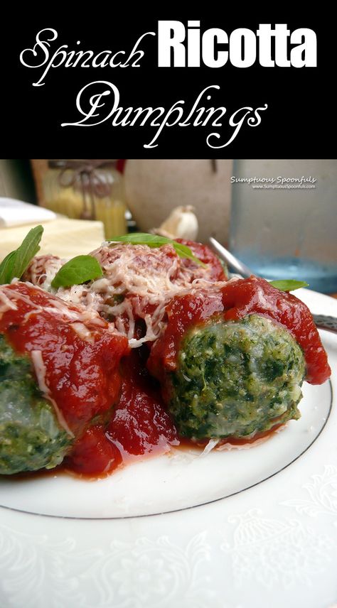 Spinach Ricotta Dumplings | Sumptuous Spoonfuls Spinach Ricotta Dumplings, Ricotta Dumplings, Italian Meat Sauce, Cauliflower Alfredo, Spinach Cheese, Spinach Ricotta, Italian Meats, Creamy Mushroom Sauce, Vodka Sauce