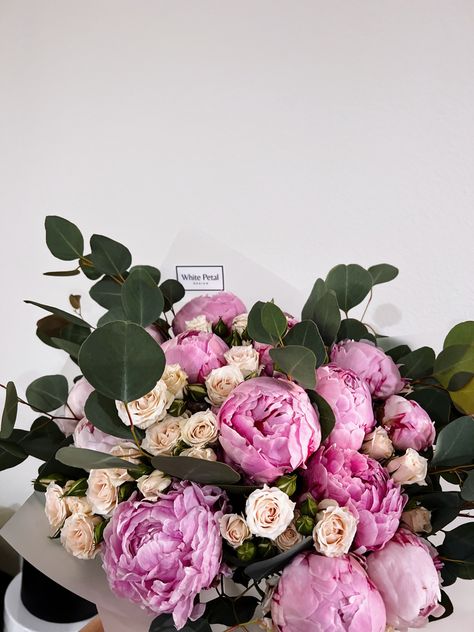 Peony bouquet, roses, eucalyptus, birthday bouquet Roses Birthday, Peonies And Roses, Bouquet Roses, Peony Bouquet, Birthday Bouquet, Peonies Bouquet, Peonies, Bouquets, Roses