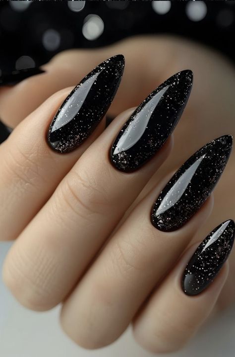 Black Colour Nails, Dark Glitter Nails Sparkle, Nails For Night Out, Black Nails Inspiration Almond, Dip Powder Black Nails, Black Nail Designs Glitter, Sparkling Black Nails, Wedding Nails For Black Dress, Black With Sparkle Nails