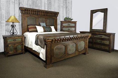 Cowhide Bedroom, Western Bed, Rustic Bedroom Sets, Brindle Cowhide, Western Rustic, Iron Accents, Freight Truck, Rustic Storage, Rustic Materials