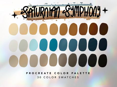 Saturnian Symphony Color Palette For Procreate This color palette contains 30 color swatches to use in Procreate App. These colors were handpicked and were inspired by Saturn.  ⭐️ || YOU WILL RECEIVE || ⭐️ 1 x Procreate Palette Instructions 1 x JPG file with all swatches 1 x Saturnian Symphony Color Palette for Procreate || .swatches file ⭐️ || HOW TO USE || ⭐️ 1. You will receive an email after you complete checkout with a link to download the files.  2. You can also log into your Etsy account Procreate Swatches, Color Palette Procreate, Procreate Palette, Procreate Color Palette, Colorful Palette, Procreate Ipad Art, Palette Art, Procreate Ipad, Palette Color