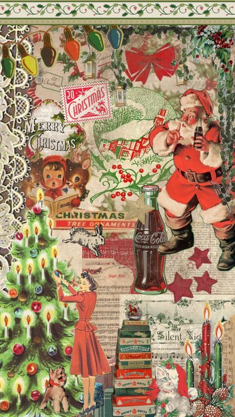 #christmas #vintage #vintagechristmas #wallpaper Christmas Card Collage, Iphone Background Vintage, Christmas Phone Backgrounds, Christmas Lockscreen, Christmas Nostalgia, Vika Papper, Christmas Door Decorating Contest, Christmas Homescreen, Cards Homemade