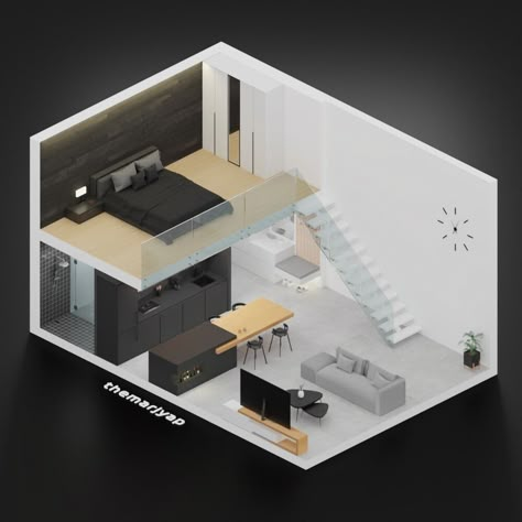 Isometric Interior Design, Loft Apartment Layout, Small Loft House, Isometric Interior, Small Loft Apartment, Small Loft Apartments, Loft Layout, Small Apartment Plans, Isometric Room