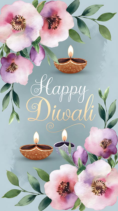 Free Watercolor Diwali Greeting Card with Floral Design and Diyas Deepavali Greetings Cards, Happy Diwali Cards, Hindu Festival Of Lights, Diwali Greeting, Diwali Cards, Diwali Greeting Cards, Festival Wishes, Balloon Background, Cards Watercolor