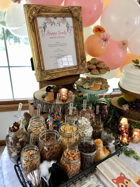 Trail Mix Wedding Bar, Boho Snack Bar, Trail Mix Bar Make Your Own Wedding, Trail Mix Display, Wedding Chex Mix Bar, Trailmix Bar Wedding, Baby Shower Trail Mix Favors, Sweet And Salty Snack Bar Wedding, Happy Trails Trail Mix Party Favor