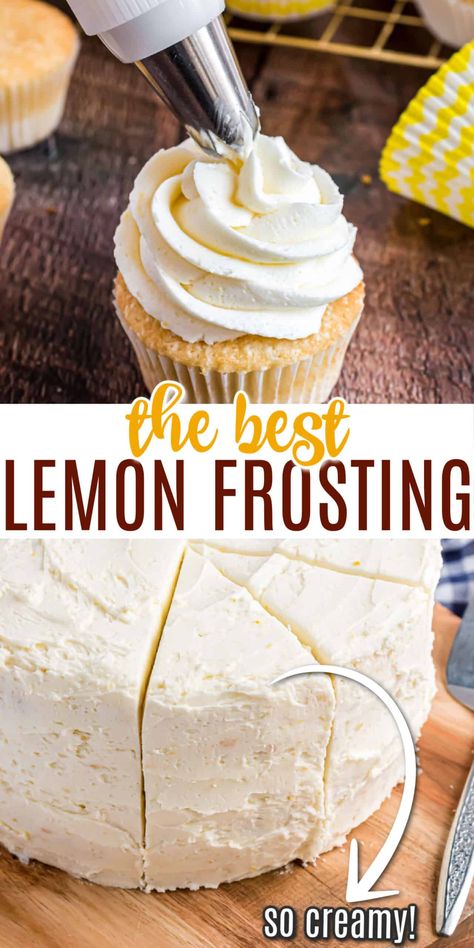 Calling all lemon dessert lovers! This easy Lemon Buttercream Frosting is impossible to resist. Pipe it onto cupcakes, spread it on a cake--or just eat it with a spoon. It's that good! Frosting Recipe For Cupcakes, Lemon Frosting Recipes, American Buttercream Frosting, Lemon Buttercream Frosting, Buttercream Frosting Cake, American Buttercream, Homemade Buttercream Frosting, Frosting Recipes Easy, Lemon Frosting