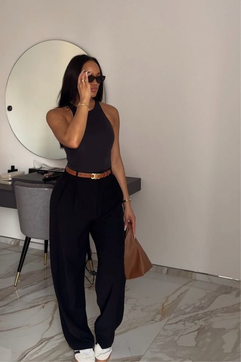 HIGH NECK BODYSUIT curated on LTK Luxury Woman Outfit, Airport Travel Outfits Black Women, Bodysuit And Wide Leg Pants, Bodysuit Outfit Ideas Black Women, Travel Outfit Black Women, Chic Summer Outfits Black Women, Black Airport Outfit, Upscale Casual Outfit, Bodysuit Outfit Black Women