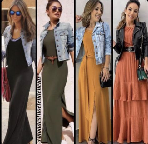 Long Dresses With Jackets Outfit, Basic Long Dress Outfit, Long Dress Business Casual, Maxi Dress Business Casual, Look Boho Chic, Frock Fashion, Dress With Jean Jacket, Stylish Fall Outfits, Business Casual Dresses