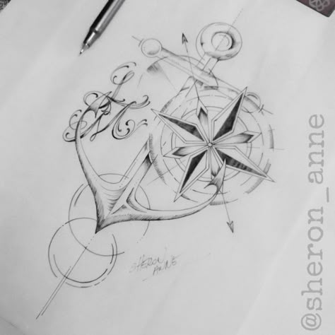 Anker Drawing, Anchor Compass Tattoo, Anchor Drawings, Compass Drawing, Anchor Tattoo Design, Anker Tattoo, Anchor Tattoos, Nautical Tattoo, Inspiration Tattoos